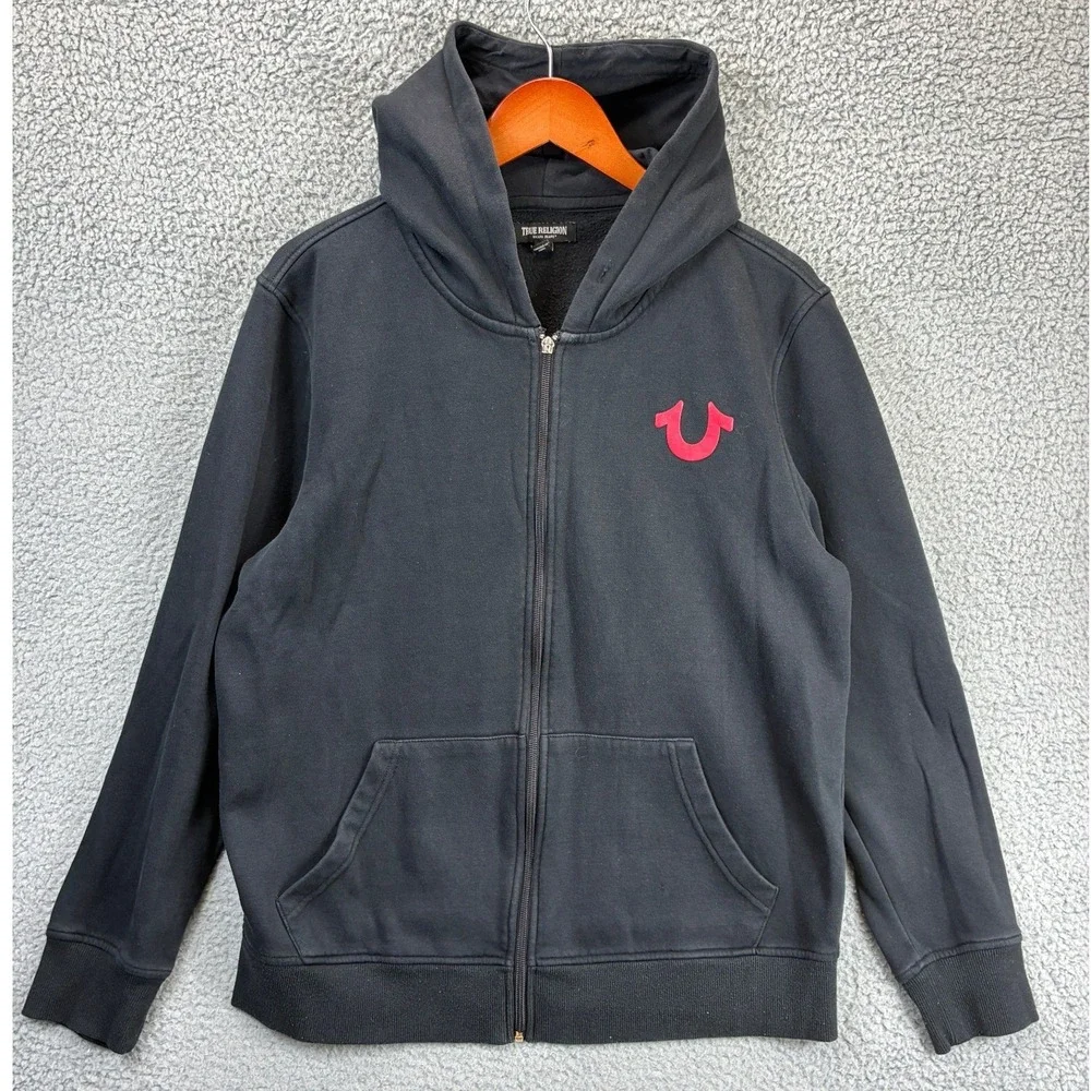 True Religion Horseshoe Full Zip Hoodie Sweatshirt Mens L Black Streetwear Y2K